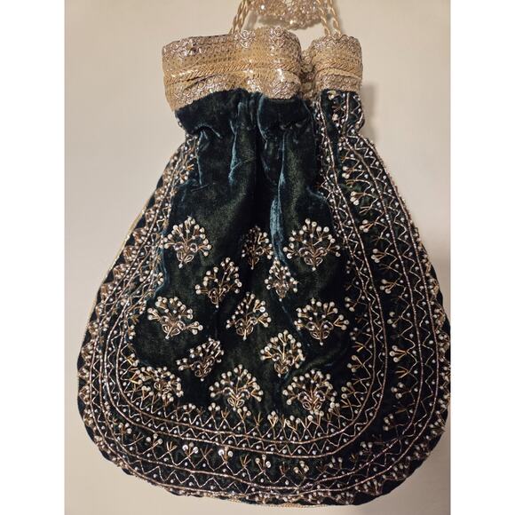 Velvet Polti Bag Forest Green Gold Floral Beading Ribbon Drawtring Satin Lined - Picture 4 of 9